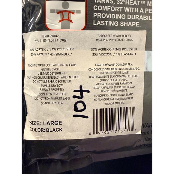 NWT 32 Degrees Heat Mens Base Layer Black L - Picture 3 of 3